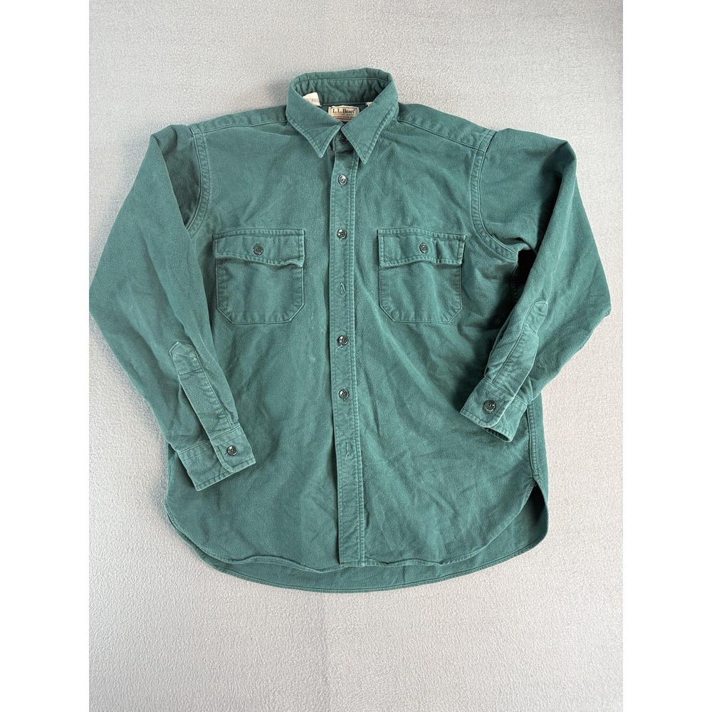 Vintage L.L. Bean Chamois Shirt Mens Med 15 1/2 Green Heavyweight Button Up USA